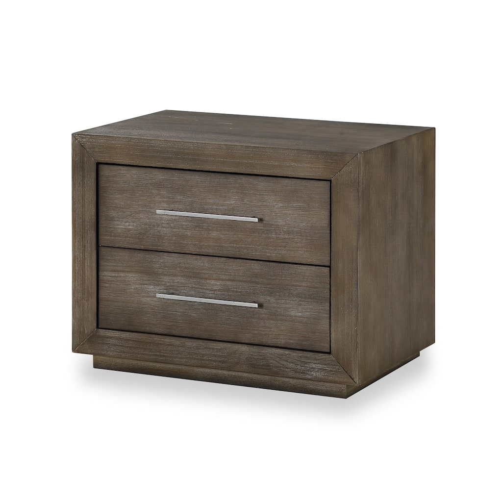 2 Drawer Wooden Nightstand with Metal Bar Handles, Dark Pine