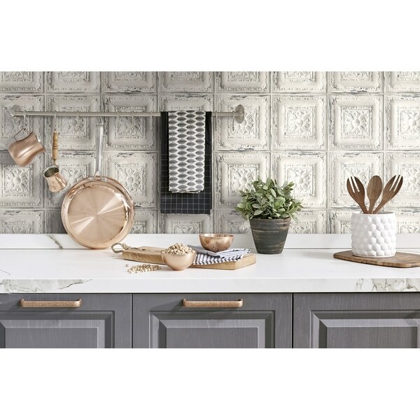 distressed tin backsplash