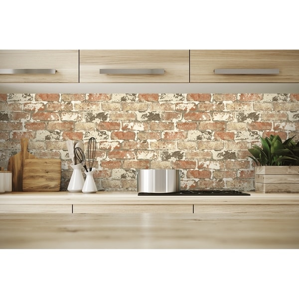 NextWall Weathered Red Brick Peel and Stick Removable Wallpaper - 20.5 in. W x 18 ft. L