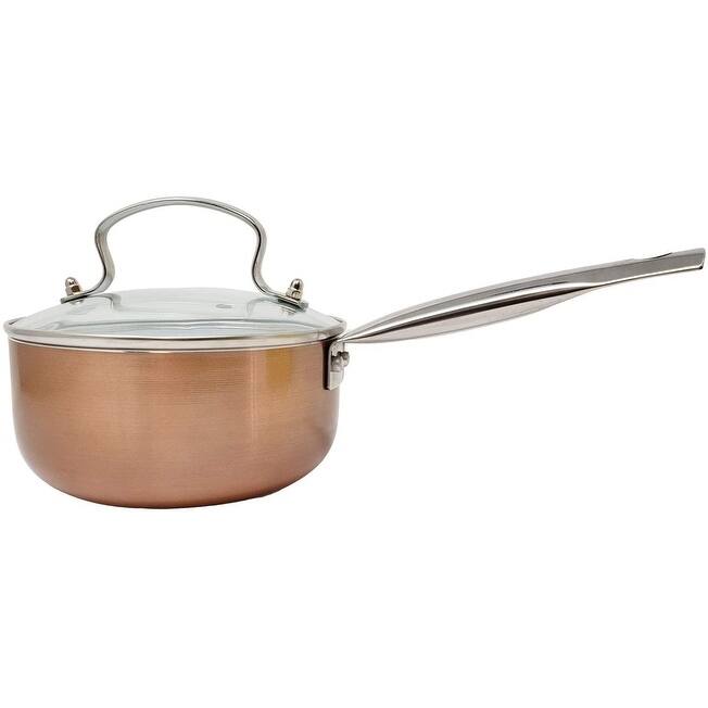 Copper Nonstick Ceramic Saucepan with Glass Lid & Stainless Steel Riveted Handle 2 Quart - PFOA & PTFE Free