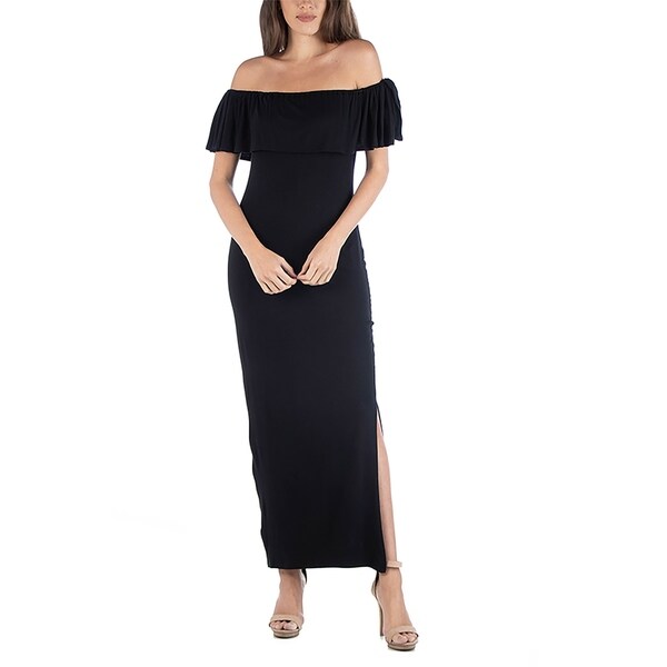 24seven Comfort Apparel Off Shoulder Ruffle Detail Maxi Dress. Opens flyout.