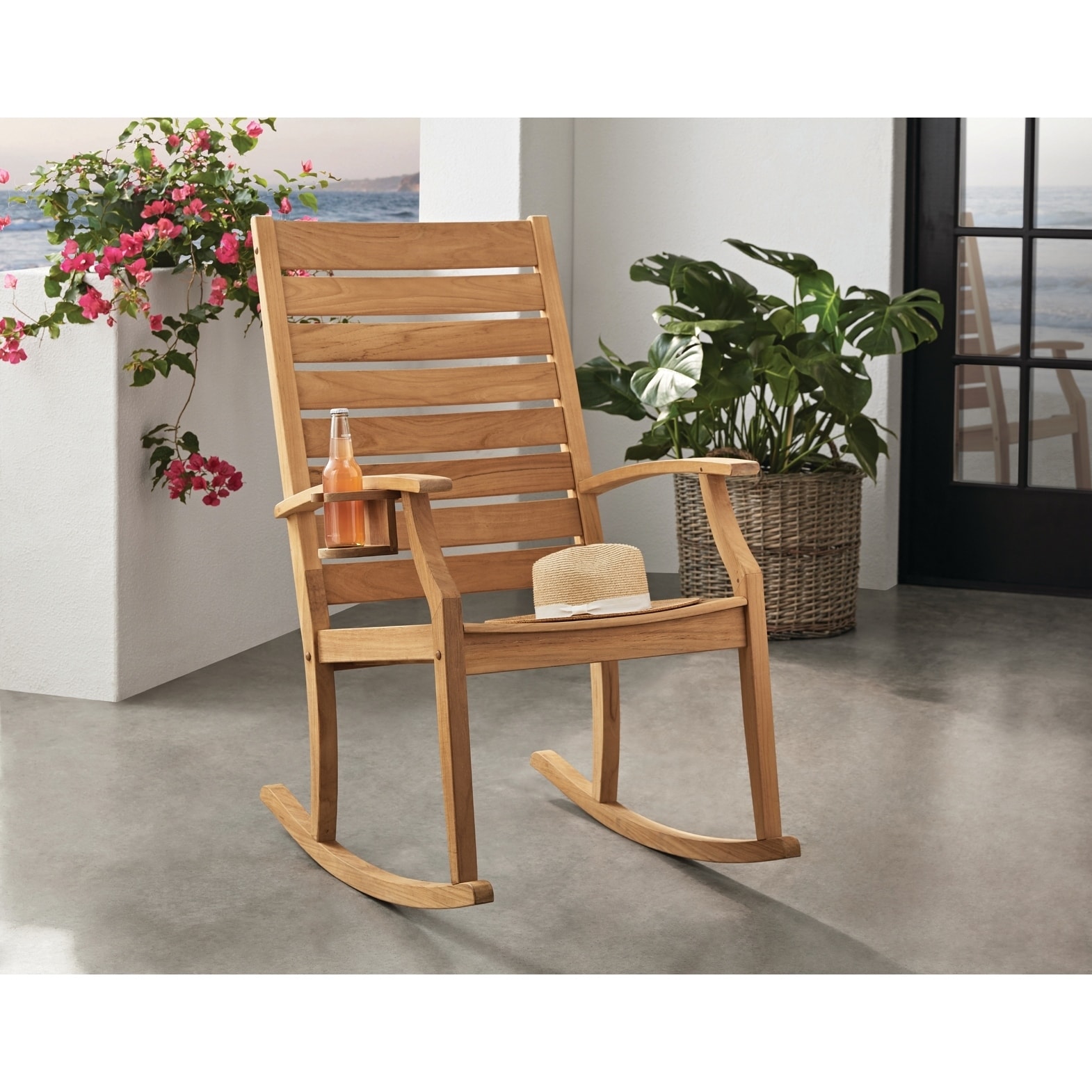 Shop Black Friday Deals On Cambridge Casual Logan Teak Outdoor Rocking Chair With Cup Holder Overstock 31058635