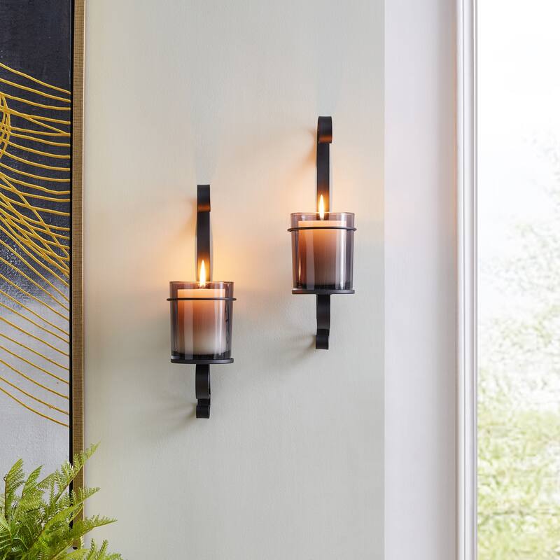 Danya B. Vintage Black Wall Sconce Candle Holder Set (2) with Smoke Glass Hurricanes