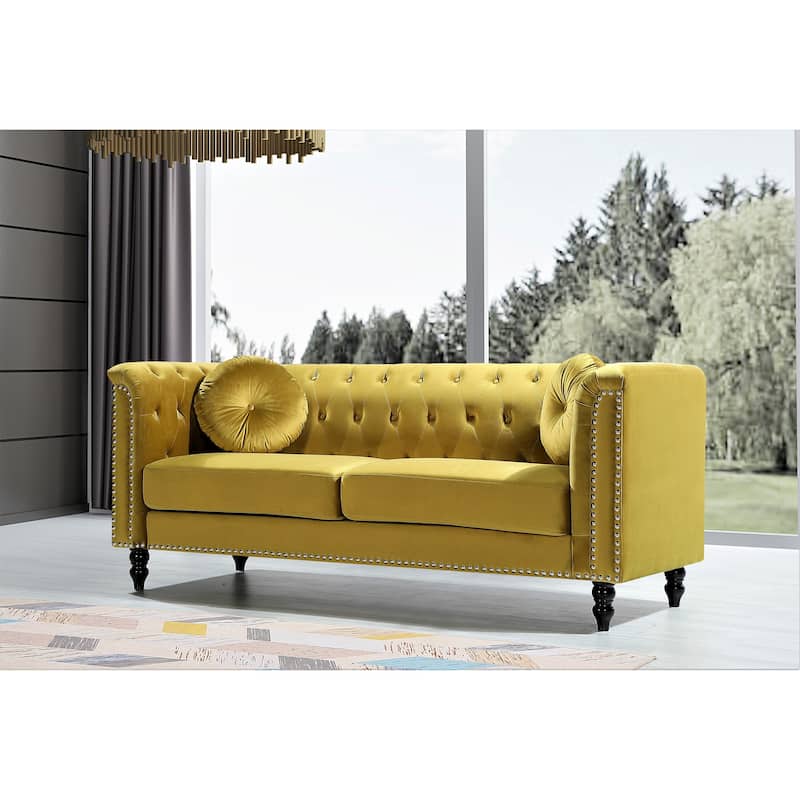 Vivian Classic Velvet Kittleson Nailhead Chesterfield Sofa - Strong Yellow