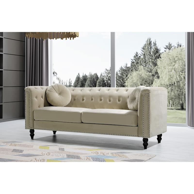 Vivian Classic Velvet Kittleson Nailhead Chesterfield Sofa - Cream
