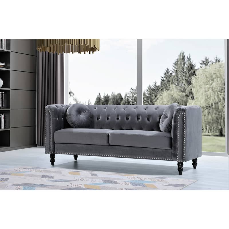 Vivian Classic Velvet Kittleson Nailhead Chesterfield Sofa - Grey