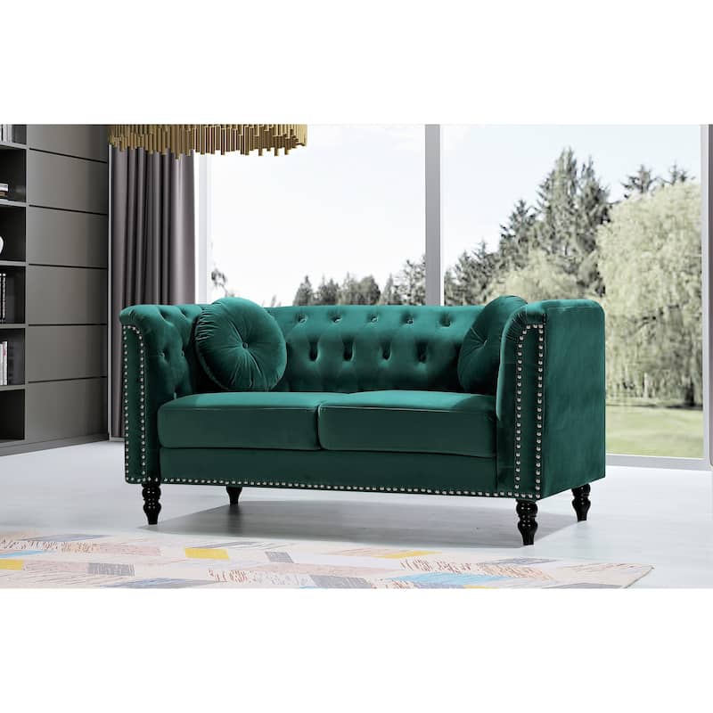 Vivian Classic Velvet Kittleson Nailhead Chesterfield Loveseat - Green