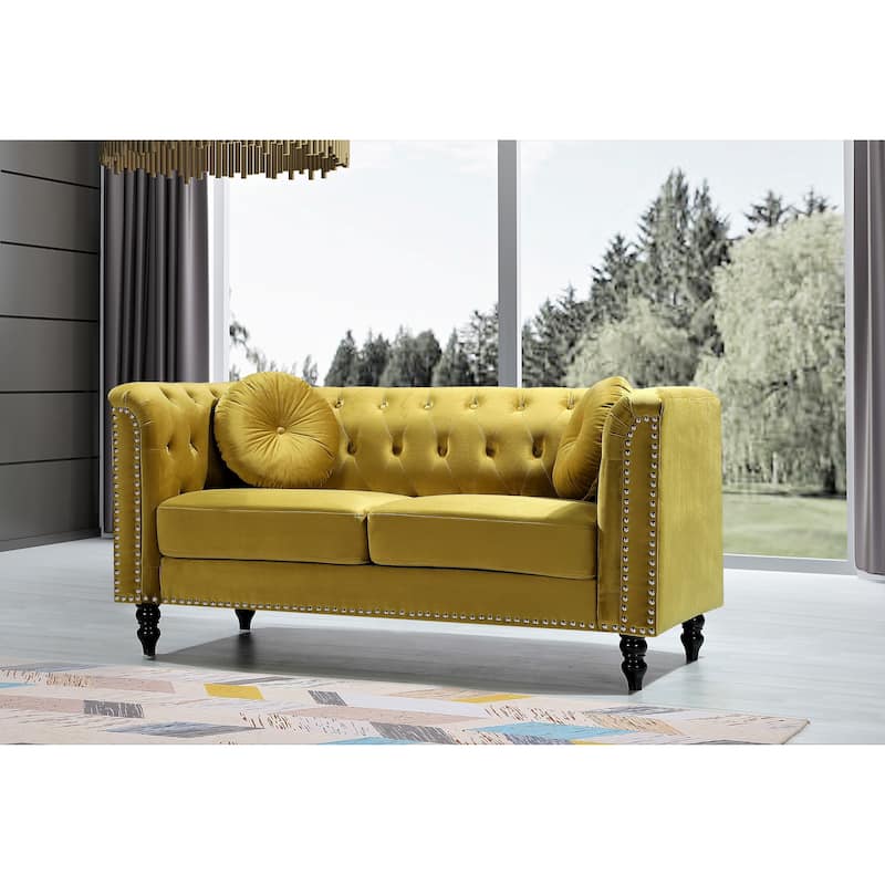 Vivian Classic Velvet Kittleson Nailhead Chesterfield Loveseat - Strong Yellow