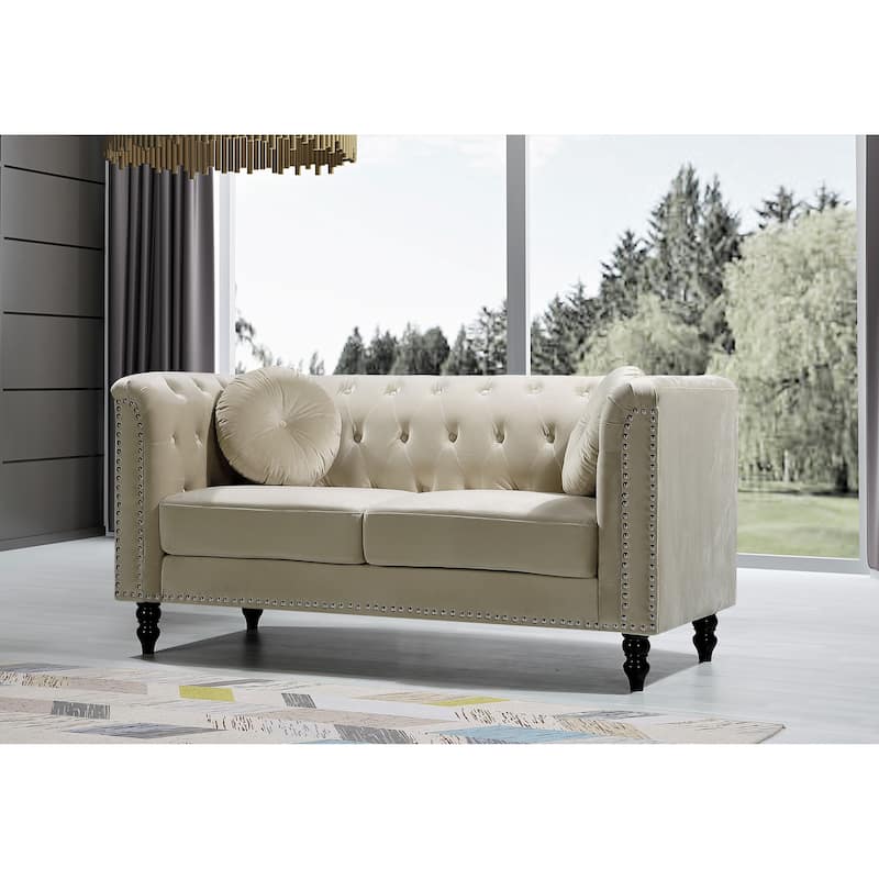 Vivian Classic Velvet Kittleson Nailhead Chesterfield Loveseat - Cream