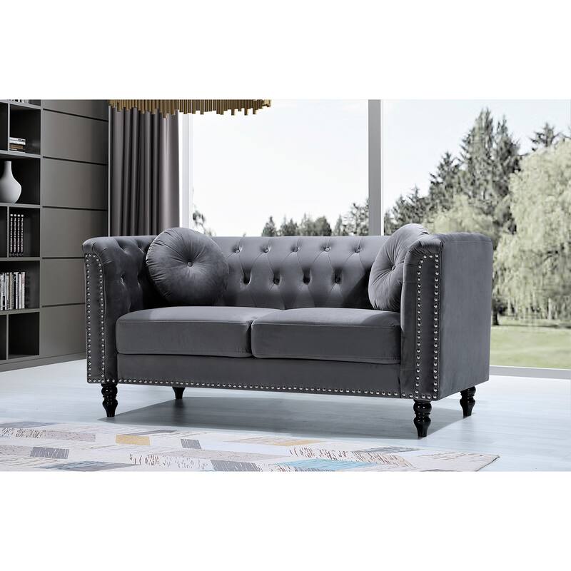 Vivian Classic Velvet Kittleson Nailhead Chesterfield Loveseat - Grey