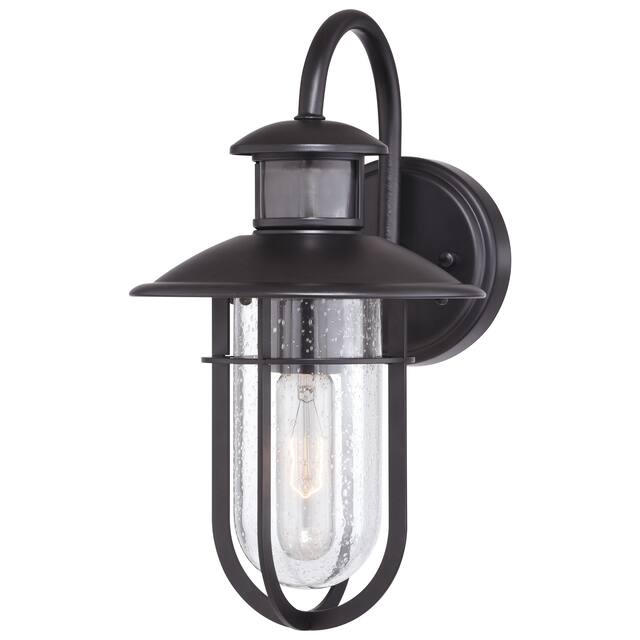 Bar Harbor Bronze Motion Sensor Dusk to Dawn Outdoor Wall Light Coastal Clear Glass - 7.5-in. W x 13.25-in. H x 9.5-in. D