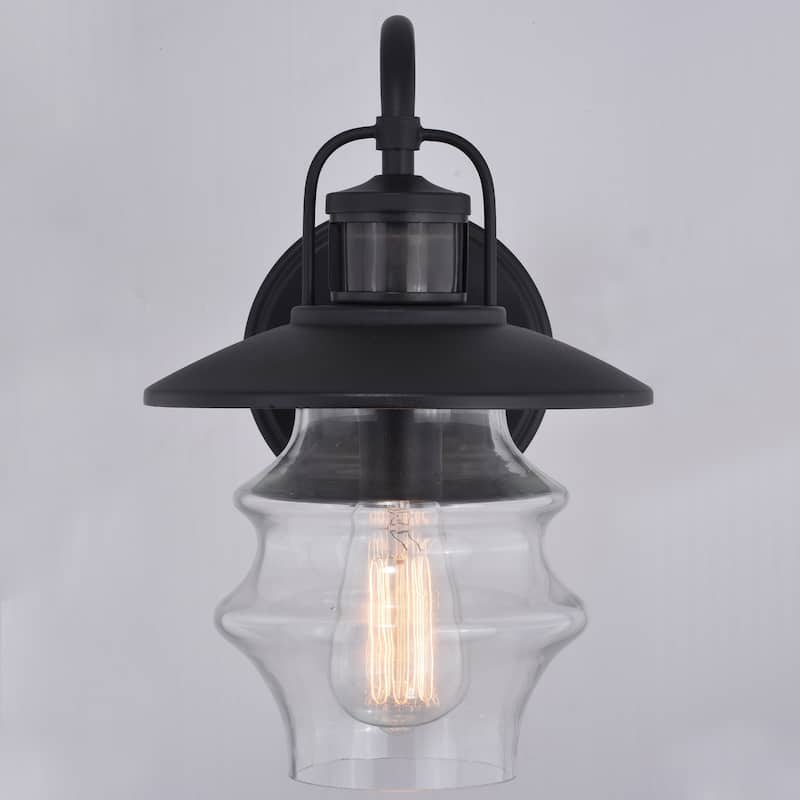 Glenn Black Motion Sensor Dusk to Dawn Outdoor Wall Light Coastal Clear Glass - 8.75-in. W x 13.25-in. H x 10-in. D
