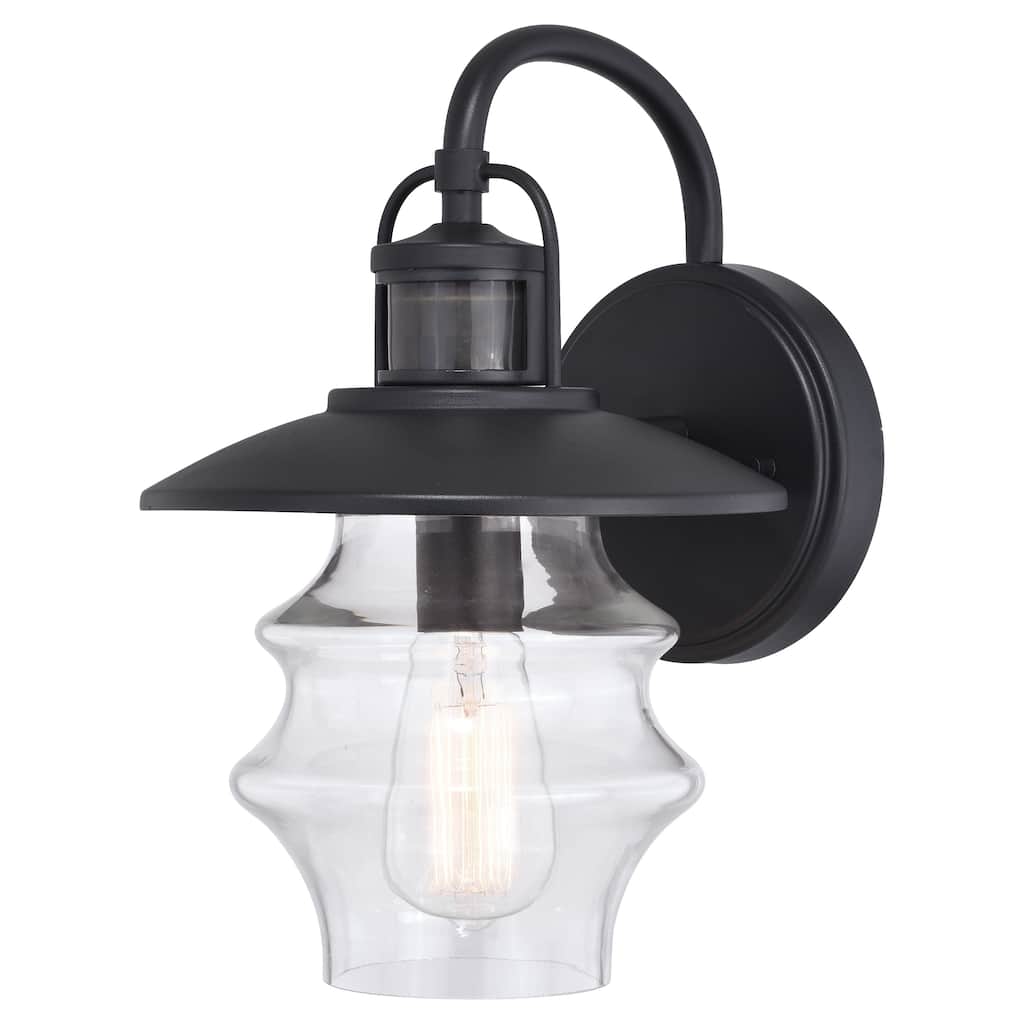Glenn Black Motion Sensor Dusk to Dawn Outdoor Wall Light Coastal Clear Glass - 8.75-in. W x 13.25-in. H x 10-in. D