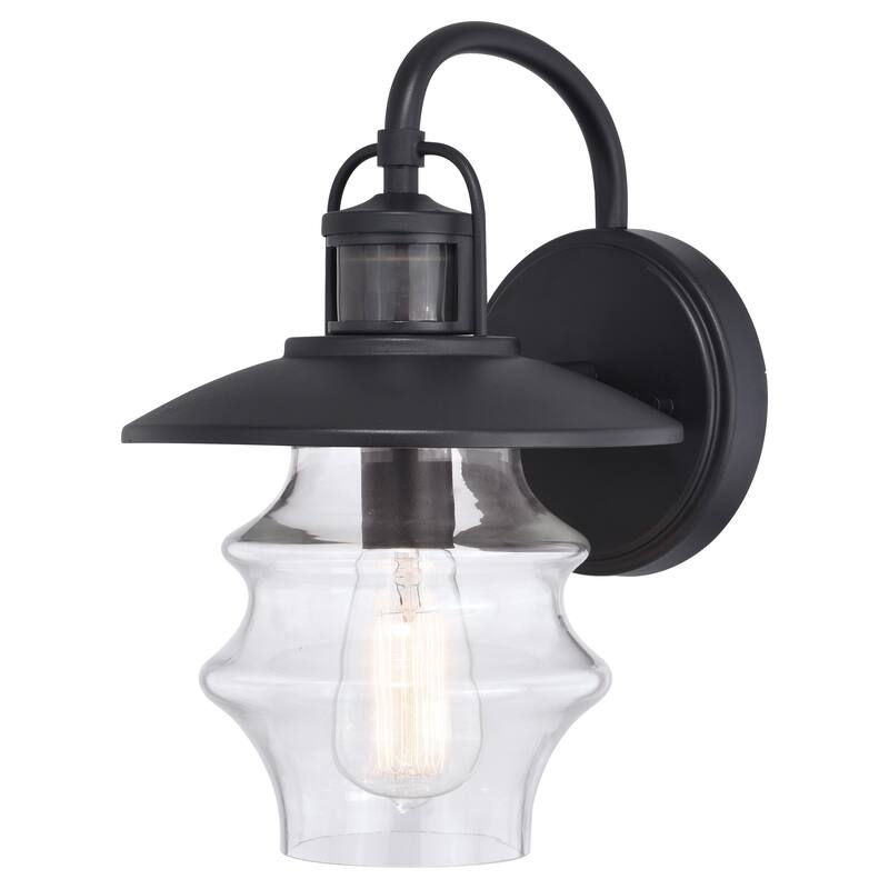 Glenn Black Motion Sensor Dusk to Dawn Outdoor Wall Light Coastal Clear Glass - 8.75-in. W x 13.25-in. H x 10-in. D - 8.75-in. W x 13.25-in. H x 10-in. D - Textured Black