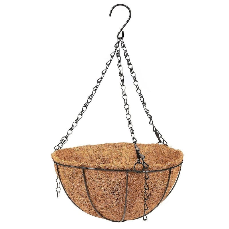 Metal Hanging Planter Basket With Coconut Coir Husk Flower Pot, 10 X 10 