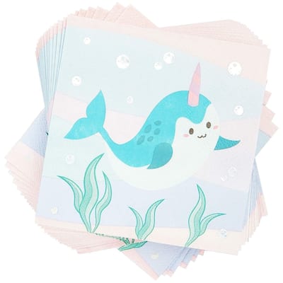 50x Narwhal Cocktail Napkins for Kids Birthday Party, Dinner Decorative, 5 inch
