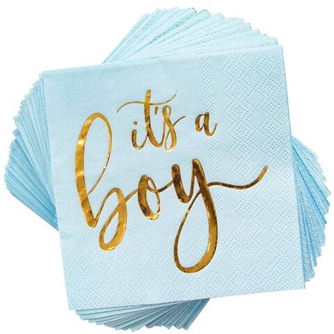 50x It's a Boy Baby Shower Cocktail Napkins with Gold Foil, Blue, 5 inch, 3-Ply