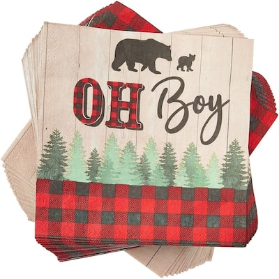 100 Pack Buffalo Plaid OH BOY Party Paper Napkins 6.5" for Baby Shower Decorations
