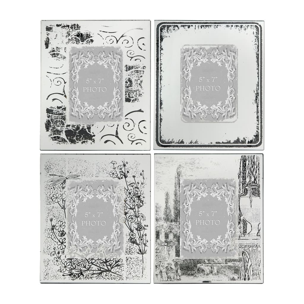Modern Etched Wooden Photo Frames, Large, Set of 4, Silver