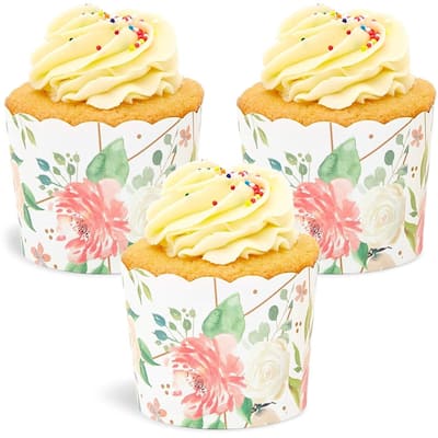 50x Floral Design Cupcake Wrappers for Wedding Party, Baking Muffins, Watercolor
