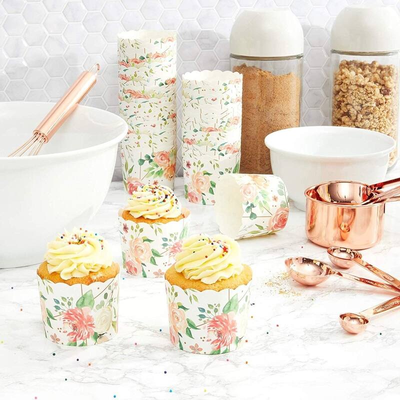 50x Floral Design Cupcake Wrappers for Wedding Party, Baking Muffins, Watercolor