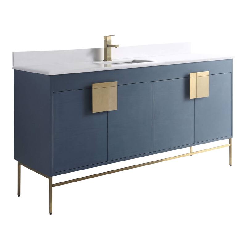 Modern Bathroom Vanity Set, Phoenix stone counter Top 60" - Blue/Satin Brass