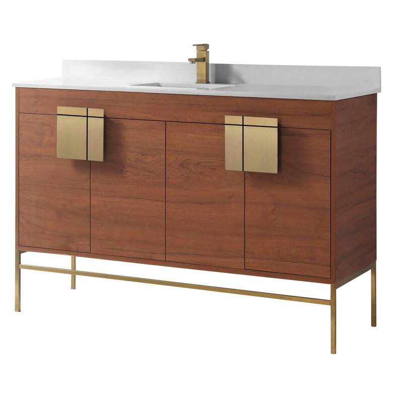 Modern Bathroom Vanity Set, Phoenix stone counter Top 60" - Walnut/Satin Brass
