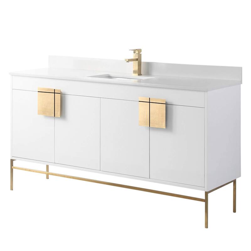 Modern Bathroom Vanity Set, Phoenix stone counter Top 60" - White/Satin Brass