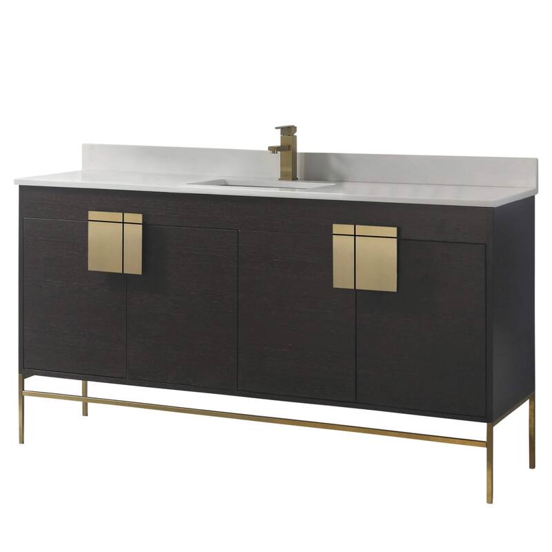 Modern Bathroom Vanity Set, Phoenix stone counter Top 60" - Black/Satin Brass