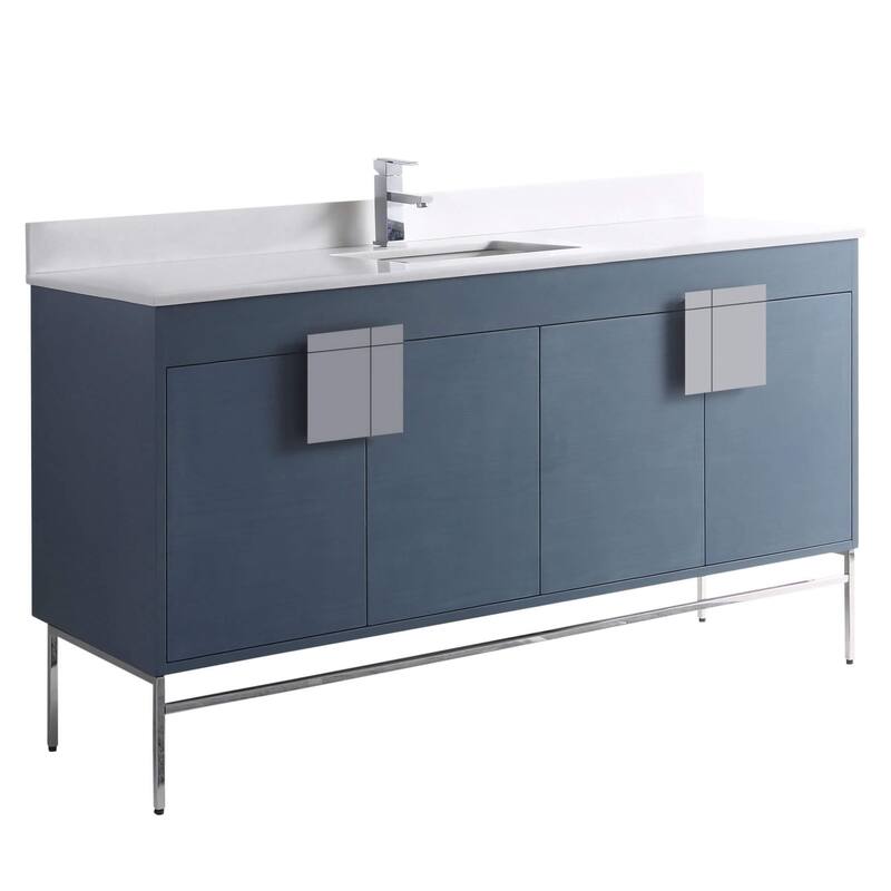 Modern Bathroom Vanity Set, Phoenix stone counter Top 60" - BluePolished Chrome