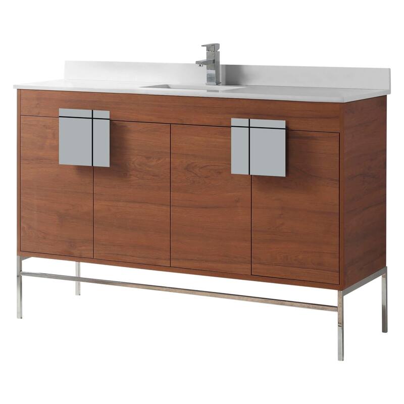 Modern Bathroom Vanity Set, Phoenix stone counter Top 60" - Walnut/Polished Chrome