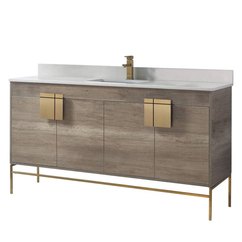 Modern Bathroom Vanity Set, Phoenix stone counter Top 60" - Gray/Satin Brass