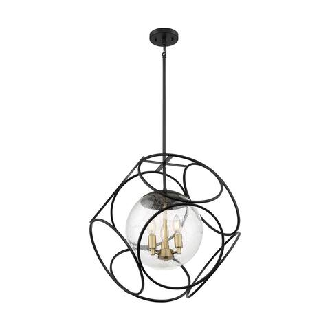 Aurora 3-Light Pendant Fixture - Black and Vintage Brass Finish with Clear Seeded Glass - Black / Vintage Brass