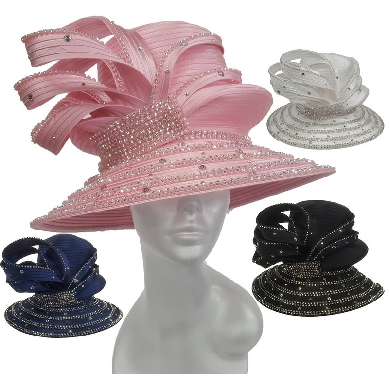 Women/'s Cloche Couture Church tea party Satin Ribbon Rhinestones Hat