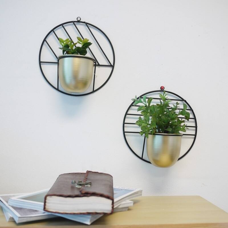 Hanging Planter Wall Decor, Matte Black /Gold Set of 2
