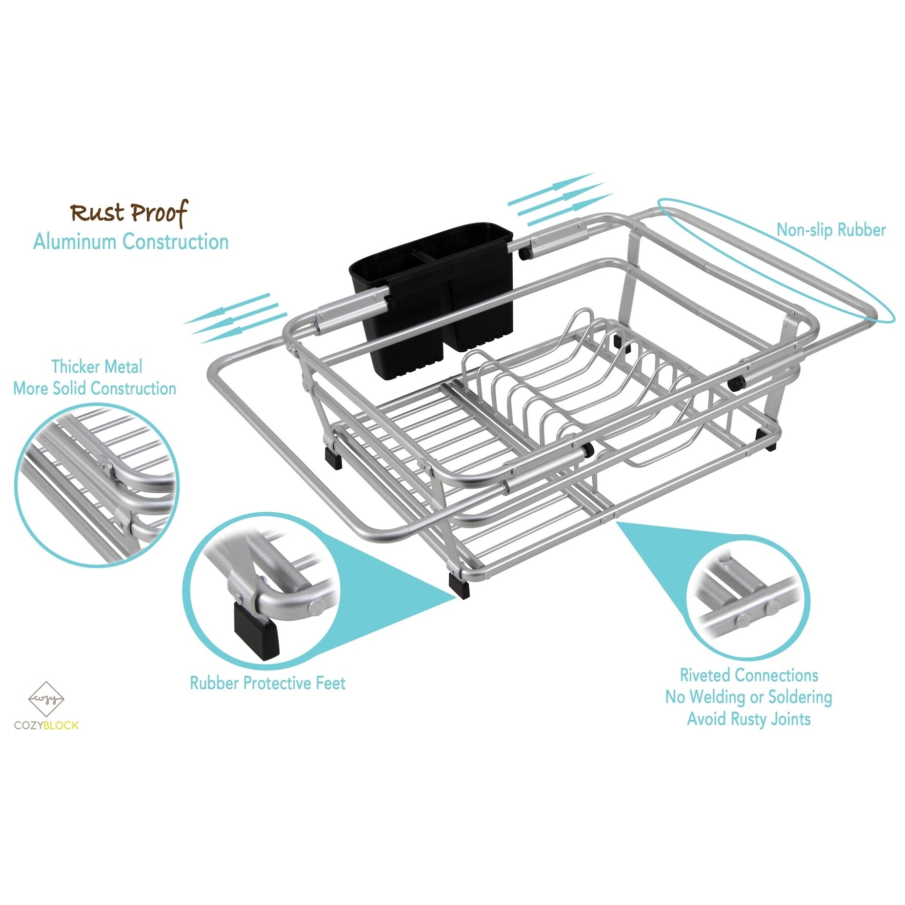 CozyBlock Expandable Aluminum Dish Drying Rack with Utensil Holder- Rust  Proof Kitchen Dish Rack