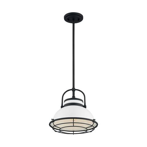 Upton 1-Light Large Pendant Fixture - Gloss White Finish with Textured Black Accents - Gloss White / Black Accents