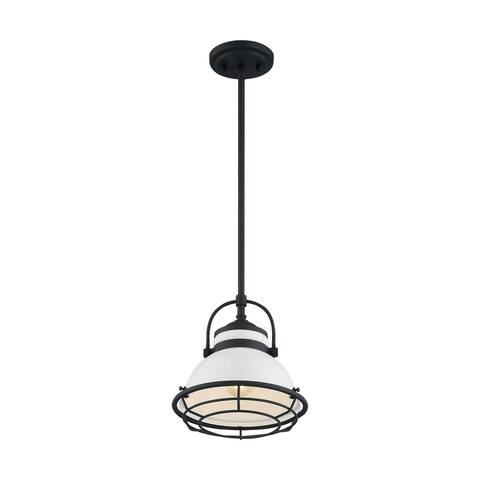 Upton 1-Light Small Pendant Fixture - Gloss White Finish with Textured Black Accents - Gloss White / Black Accents