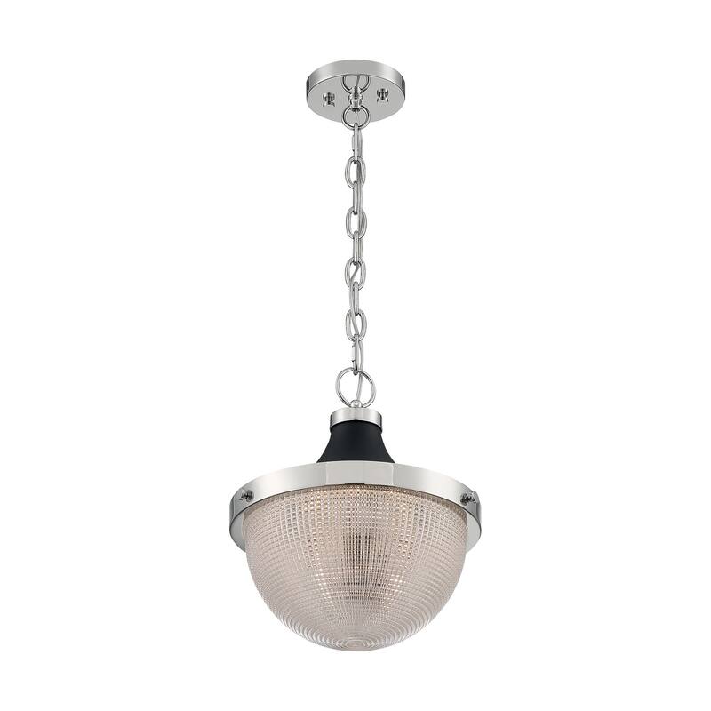 Faro 1-Light Large Pendant Fixture - Polished Nickel Finish with Black Accents Clear Prismatic Glass