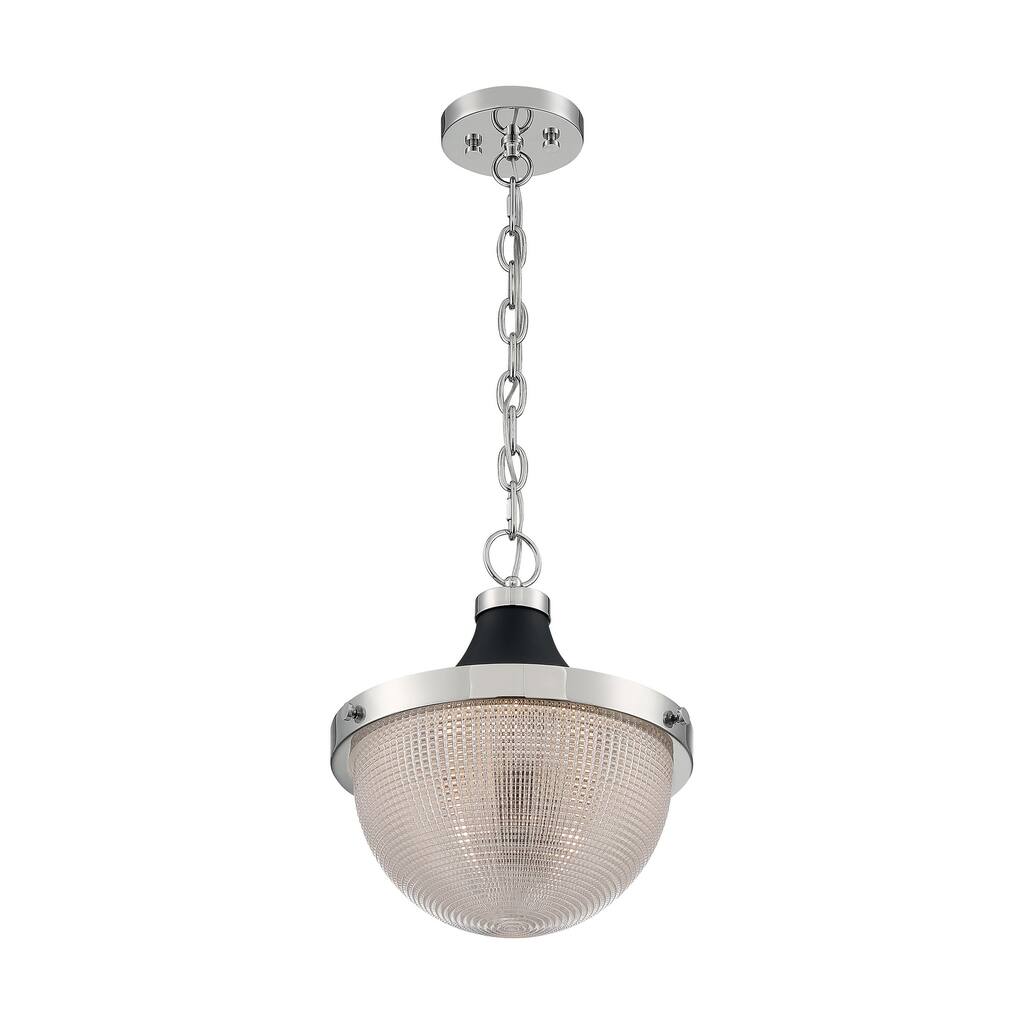 Faro 1-Light Large Pendant Fixture - Polished Nickel Finish with Black Accents Clear Prismatic Glass