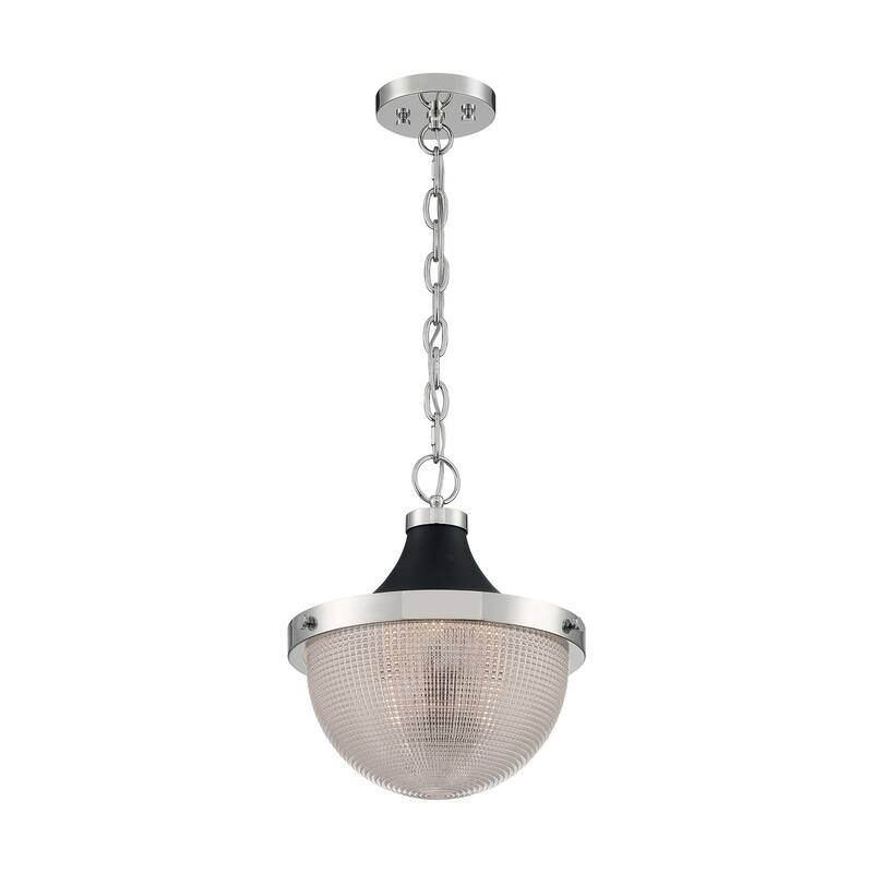 Faro 1-Light Large Pendant Fixture - Polished Nickel Finish with Black Accents Clear Prismatic Glass