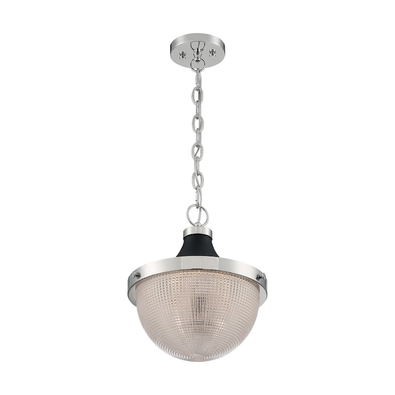 Faro 1-Light Large Pendant Fixture - Polished Nickel Finish with Black Accents Clear Prismatic Glass