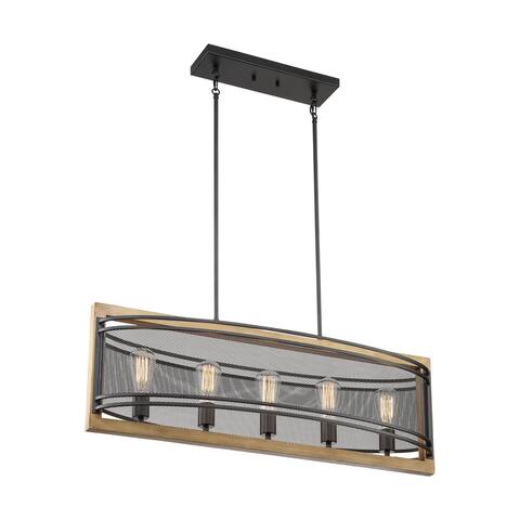 Atelier 5-Light Island Pendant Fixture - Black and Honeywood Finish - Black / Honey Wood - Black / Honey Wood