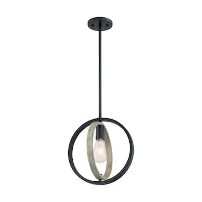 Augusta 1-Light Mini Pendant Fixture - Black with Gray Wood Finish - Black / Wood - Black / Wood