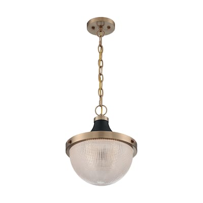 Faro 1-Light Large Pendant Fixture - Burnished Brass Finish with Black Accents Clear Prismatic Glass