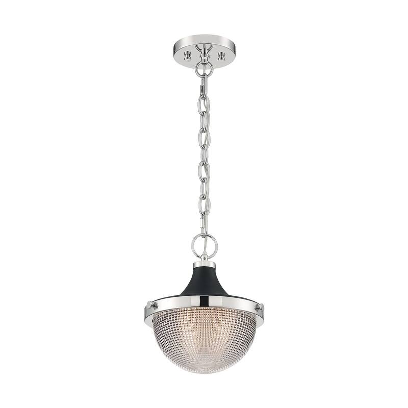 Faro 1-Light Small Pendant Fixture - Polished Nickel Finish with Black Accents Clear Prismatic Glass