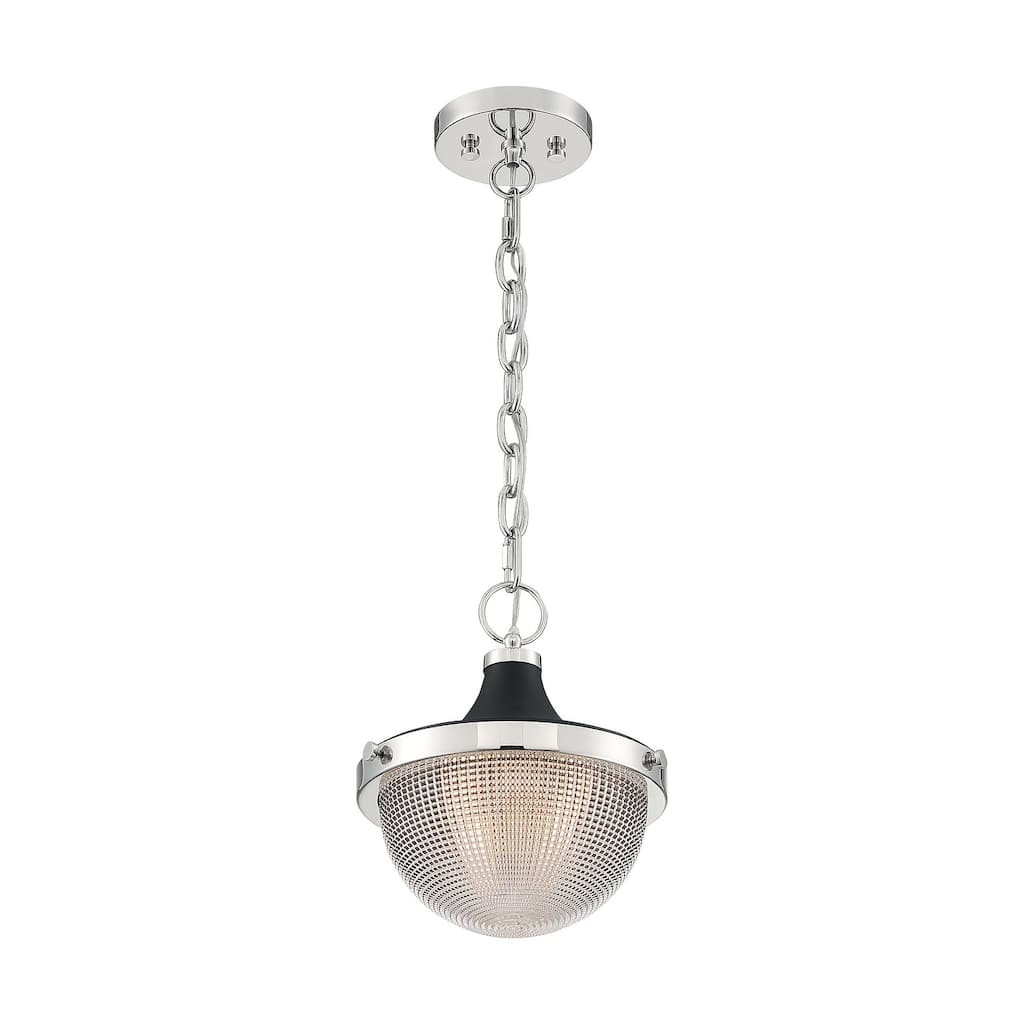 Faro 1-Light Small Pendant Fixture - Polished Nickel Finish with Black Accents Clear Prismatic Glass