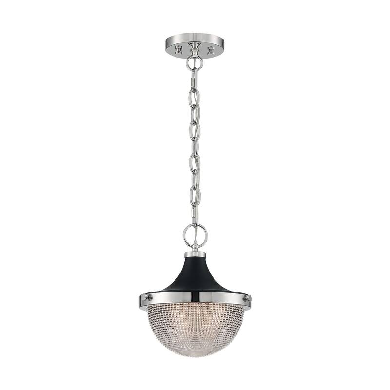 Faro 1-Light Small Pendant Fixture - Polished Nickel Finish with Black Accents Clear Prismatic Glass