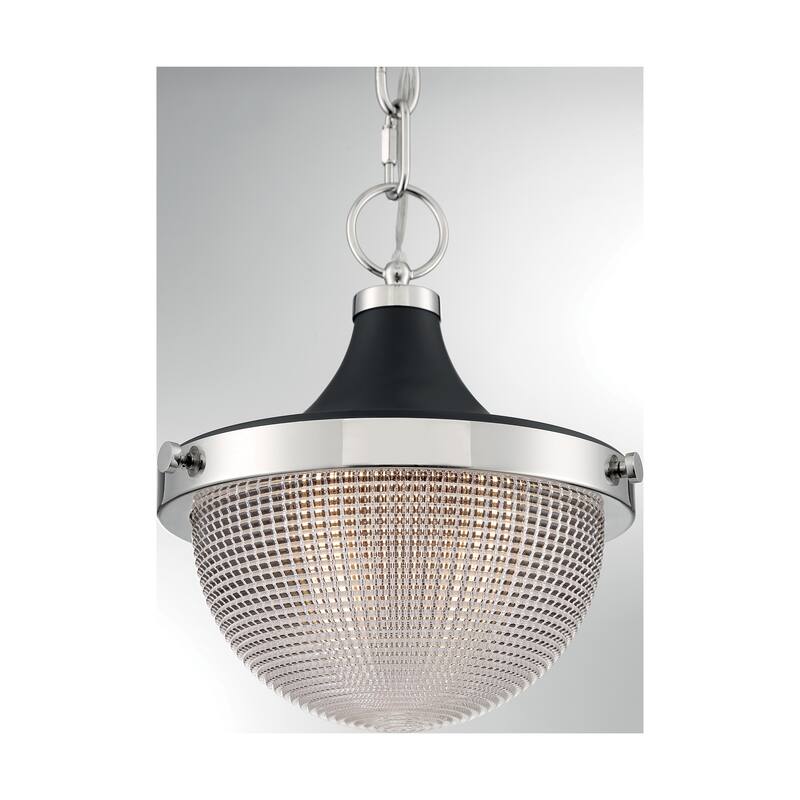 Faro 1-Light Small Pendant Fixture - Polished Nickel Finish with Black Accents Clear Prismatic Glass