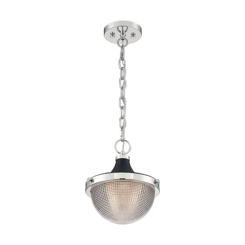 Faro 1-Light Small Pendant Fixture - Polished Nickel Finish with Black Accents Clear Prismatic Glass